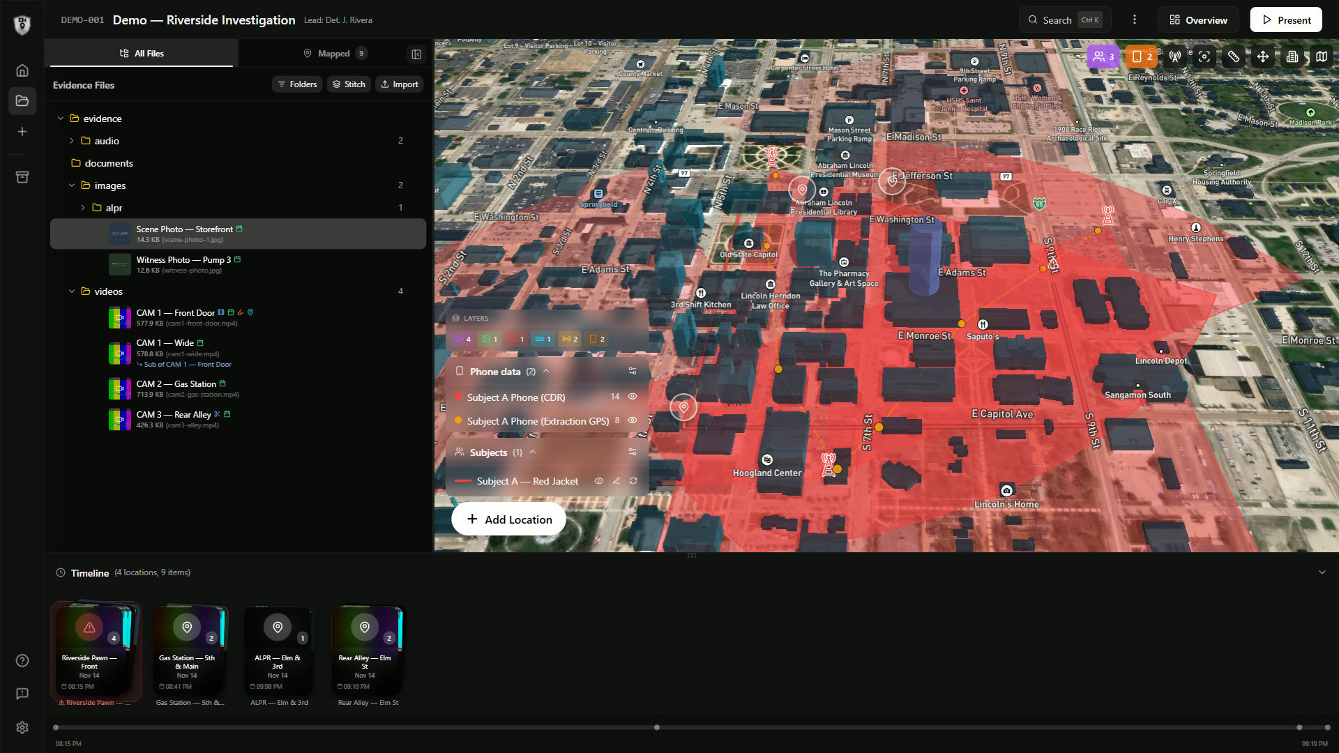 S.A.M.M. investigation workspace with evidence files, 3D satellite map, and case timeline