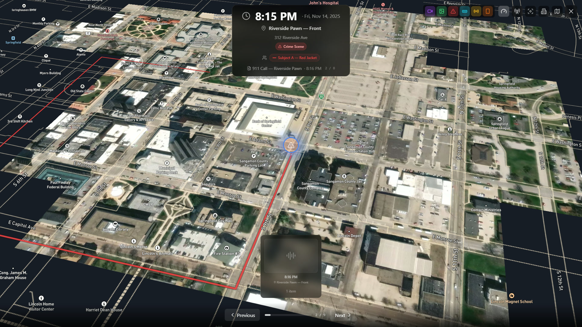 Presentation mode flying over satellite imagery with subject routes and evidence cards