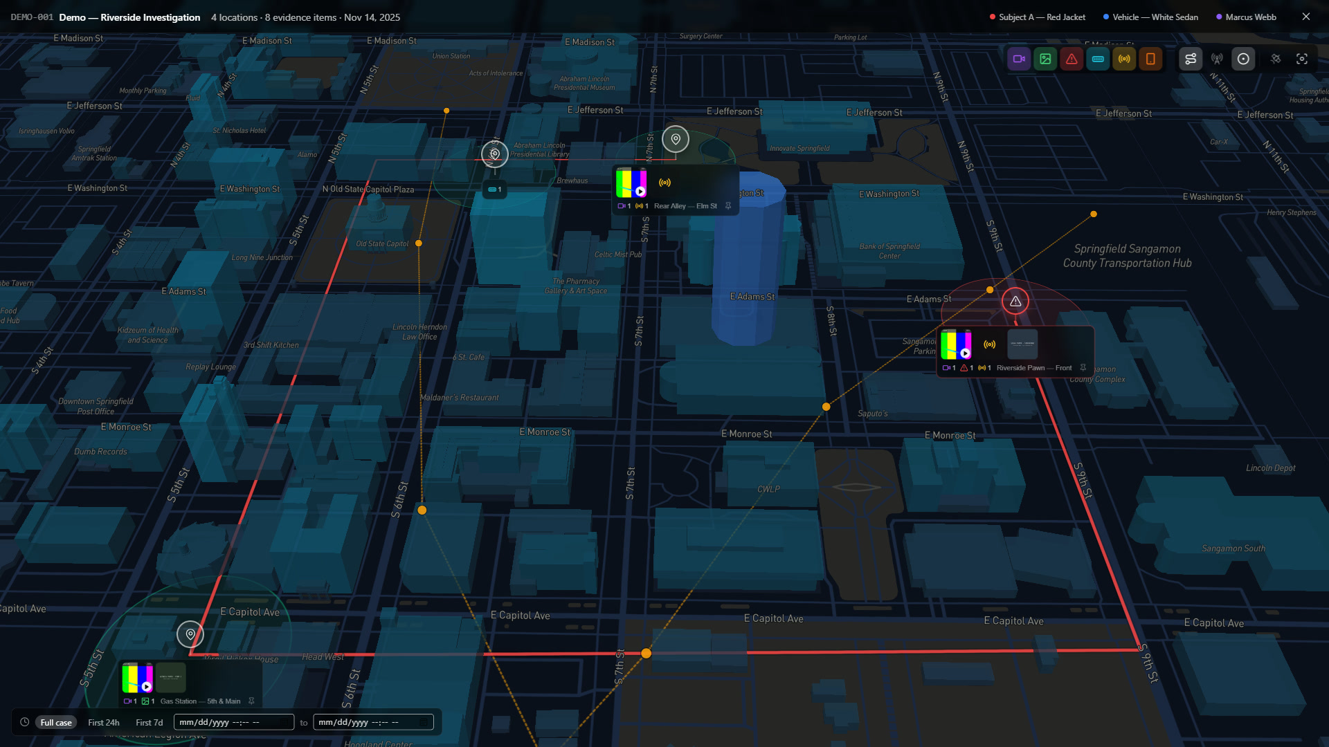 Case Overview mode showing every location with its media strip on a 3D map